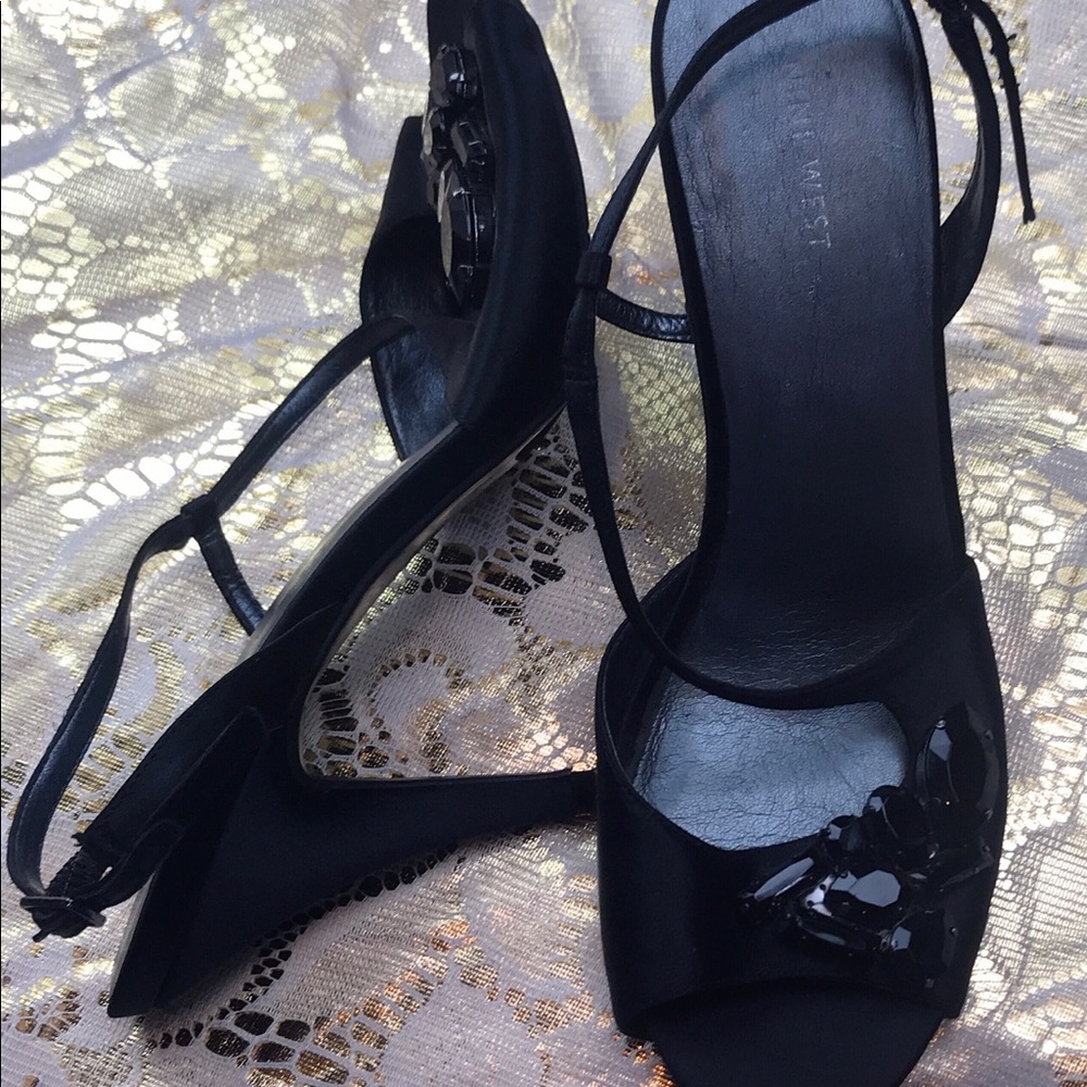 Nine West black rhinestone strap heels
